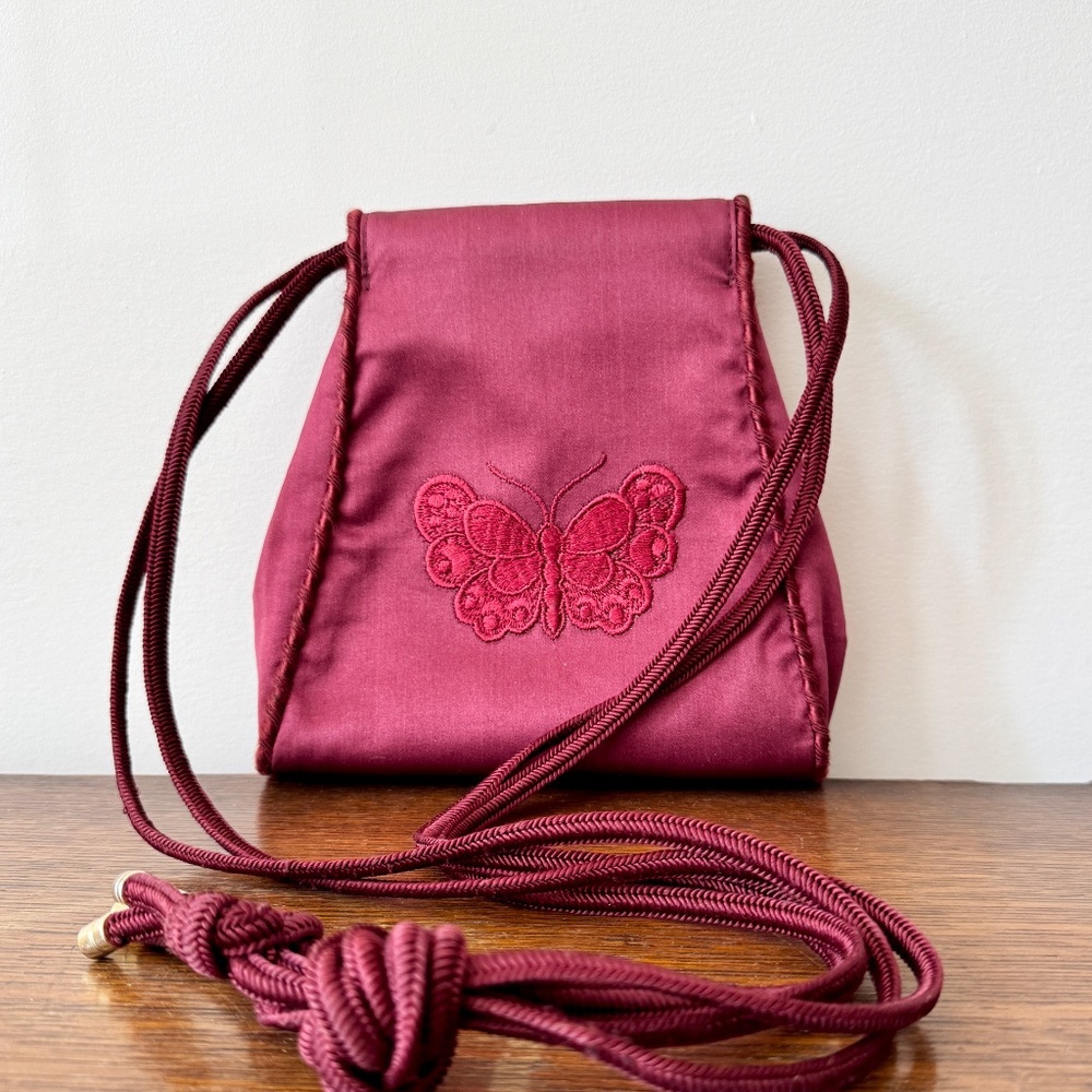 Vintage 1970s Bottega Veneta Butterfly Silk Satin Wine Shoulder Handbag